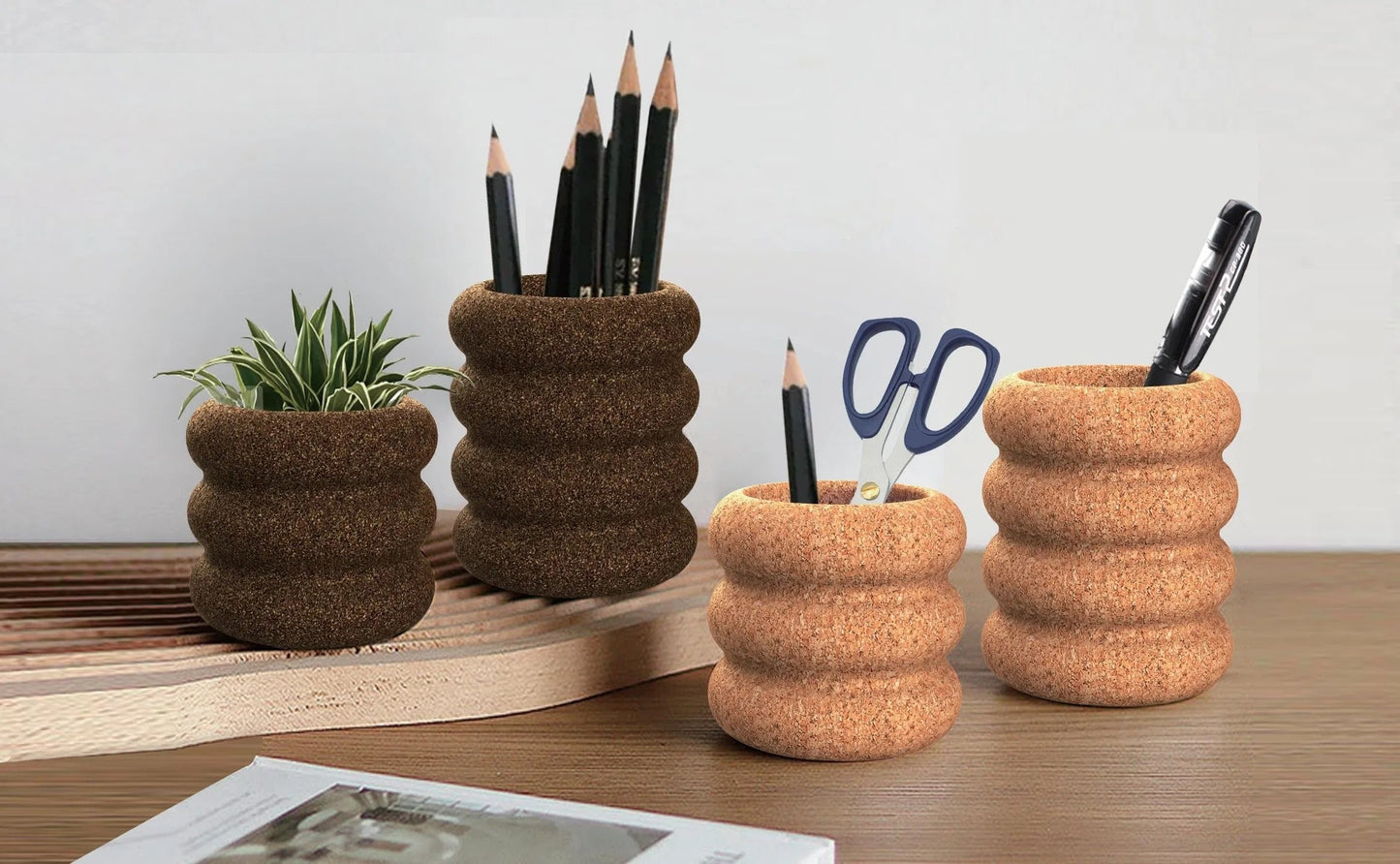 Ripple-Shaped Cork Desktop Pen Holder Set - lifestyle view