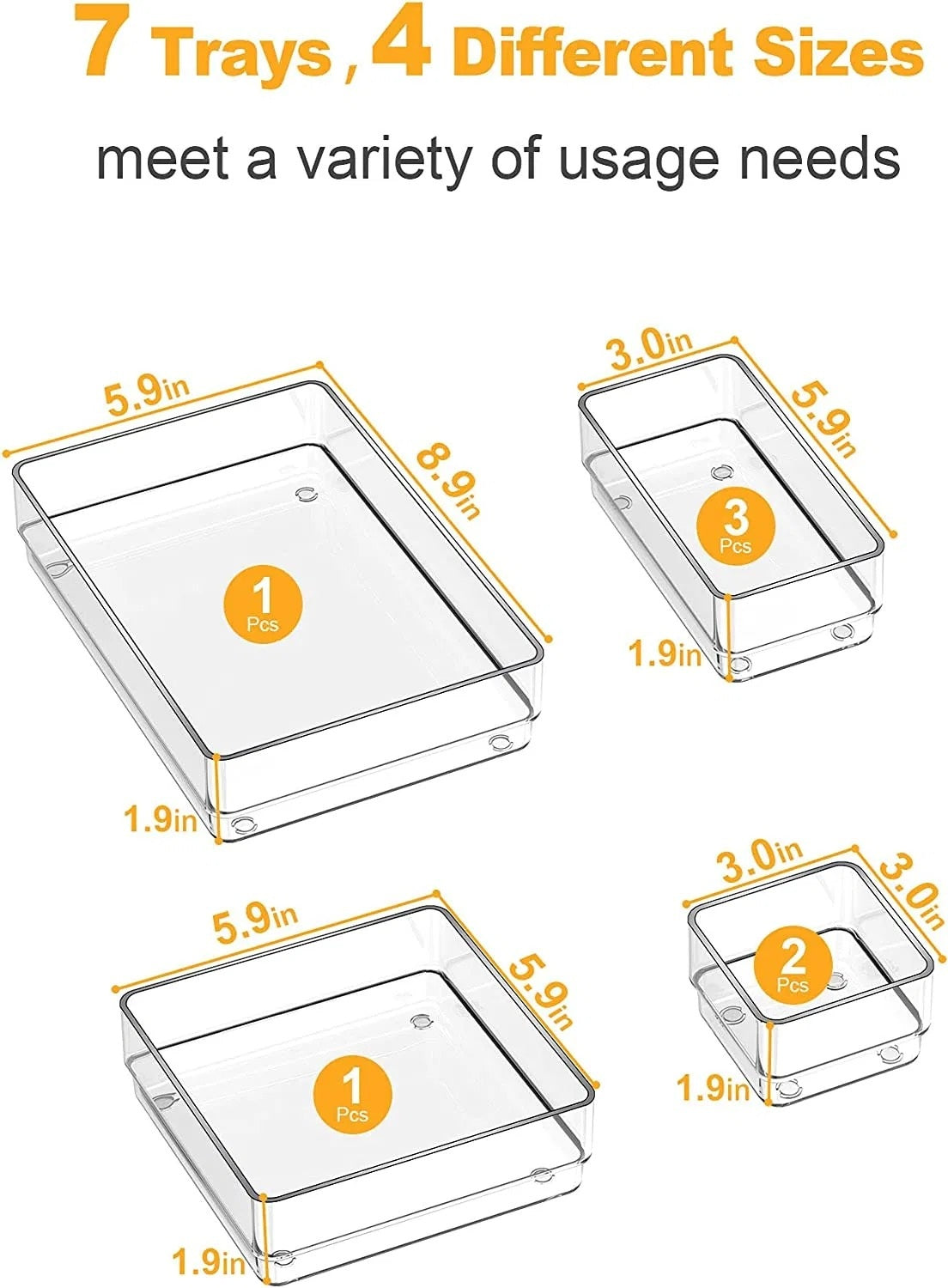 Four-Size Clear Drawer Organizer Tray Set - angle view