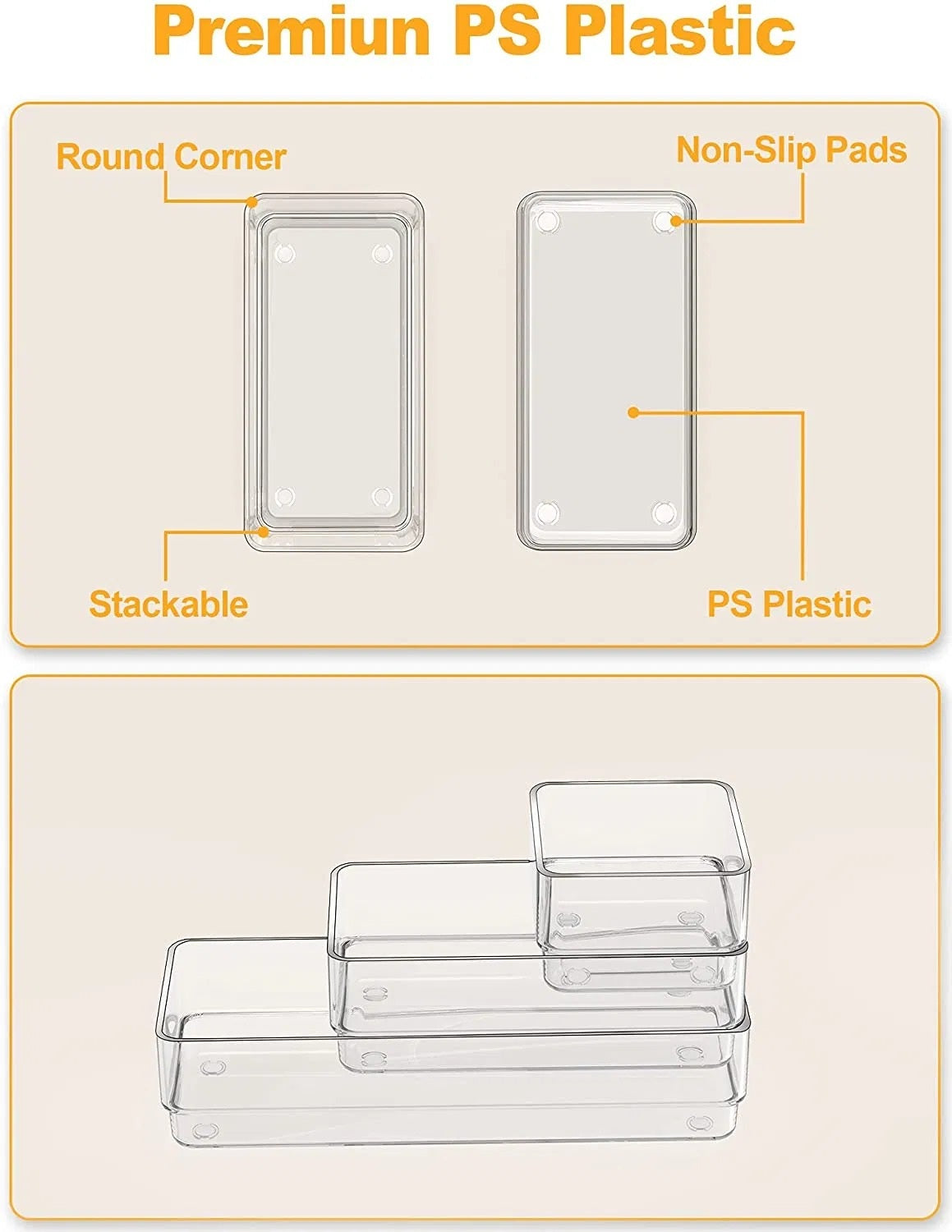 Four-Size Clear Drawer Organizer Tray Set - detail view