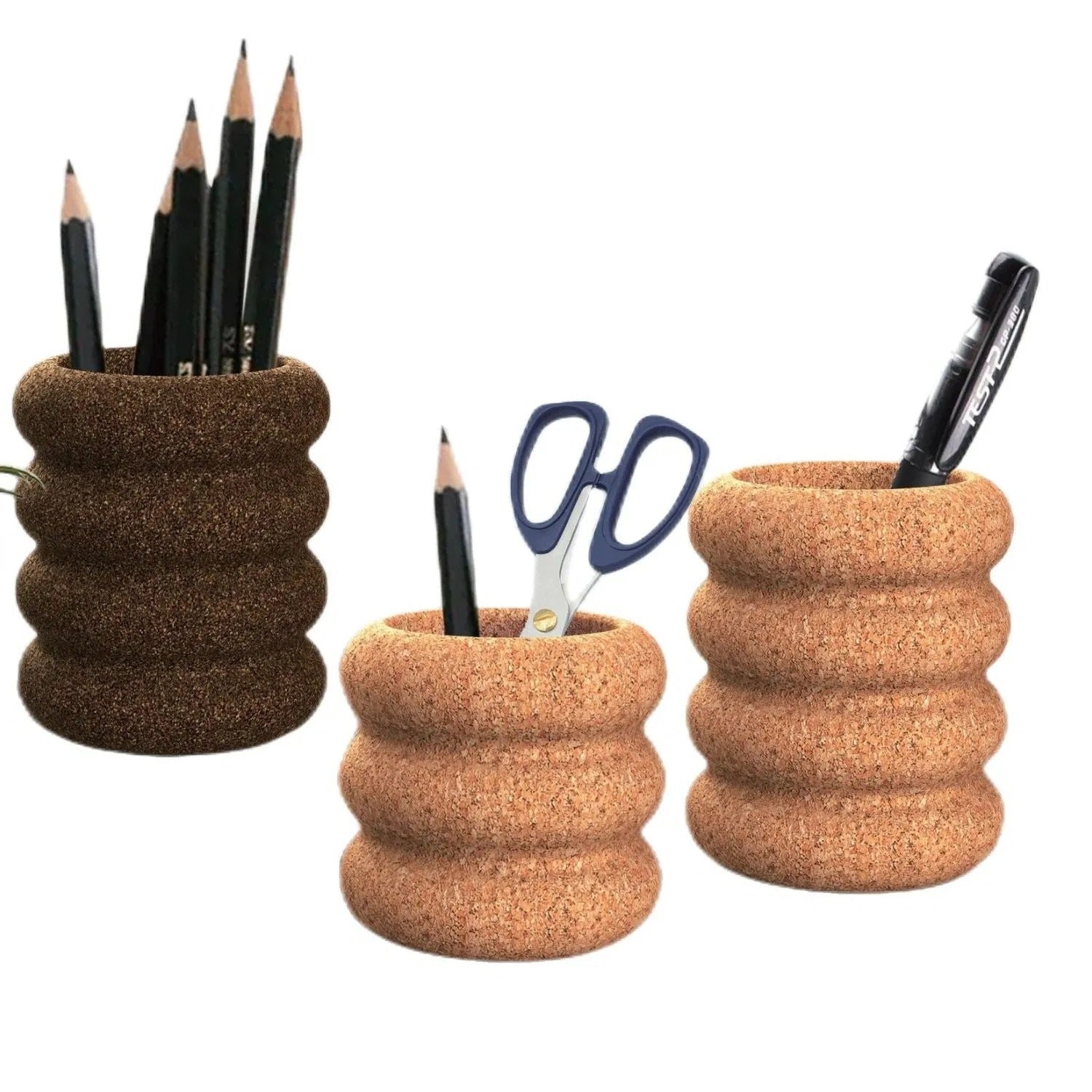 Ripple-Shaped Cork Desktop Pen Holder Set - angle view