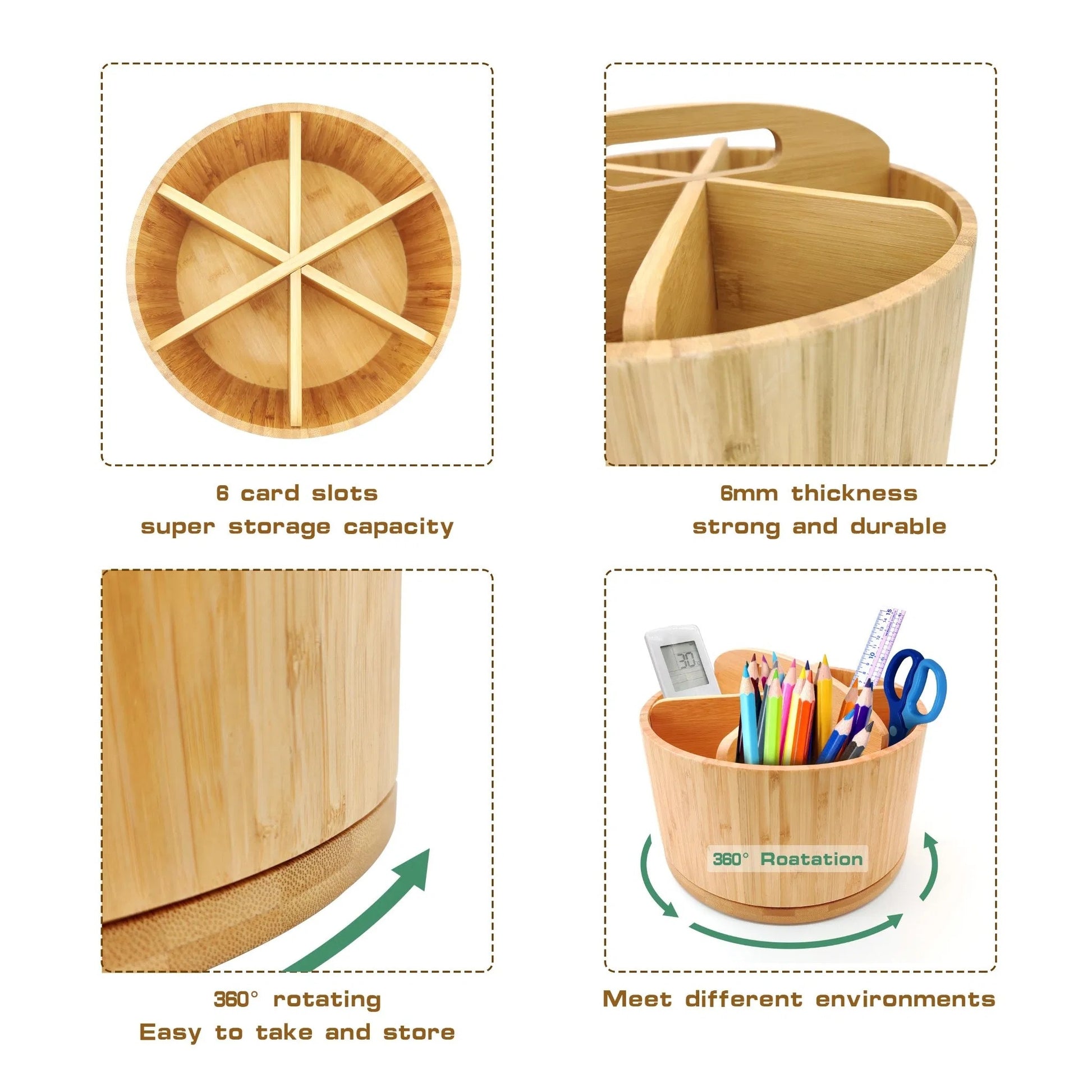 Rotating Bamboo Compartment Storage Caddy - detail view