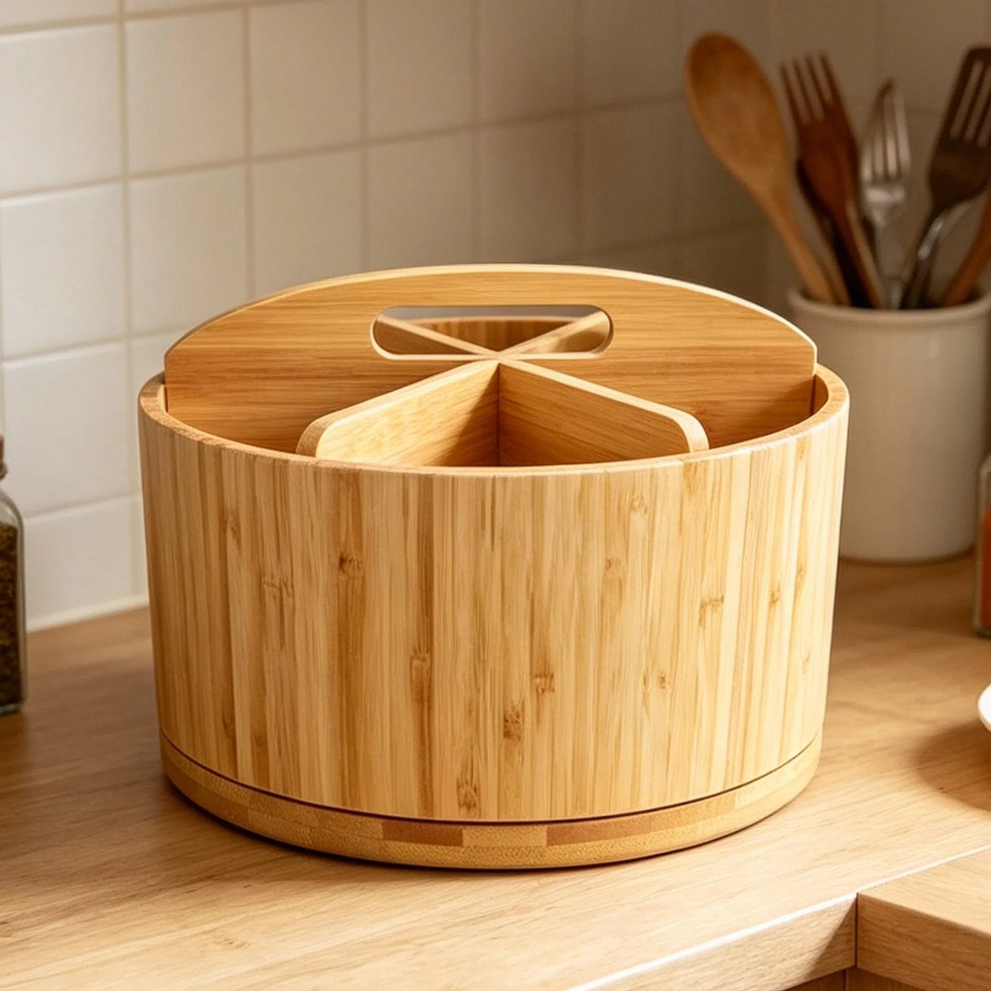 Rotating Bamboo Compartment Storage Caddy - lifestyle view