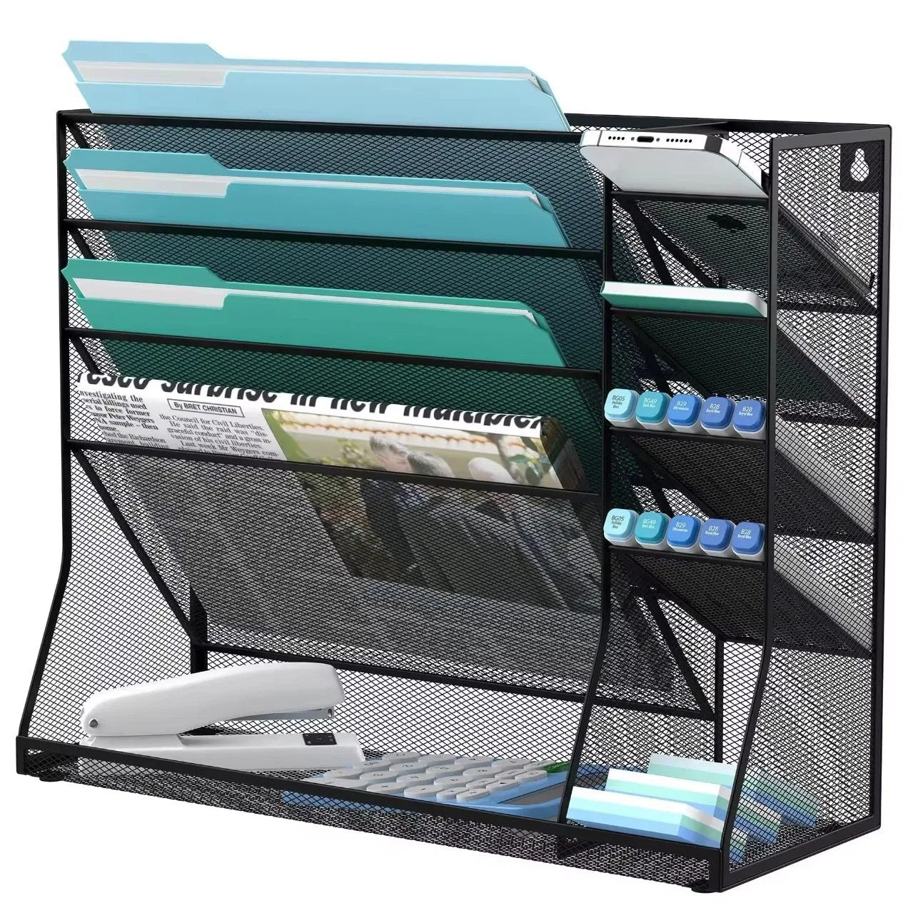 Four-Tier Mesh Desktop Paper and Supply Organizer - angle view