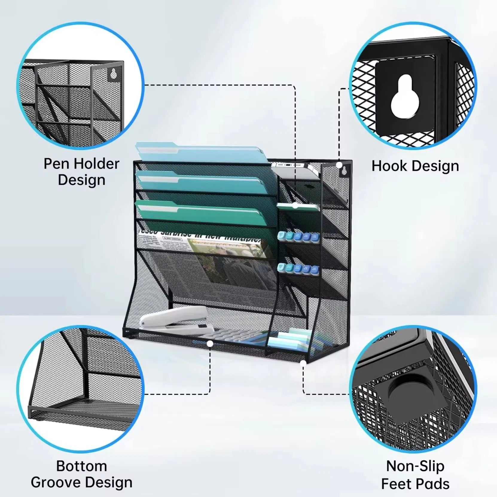 Four-Tier Mesh Desktop Paper and Supply Organizer - detail view