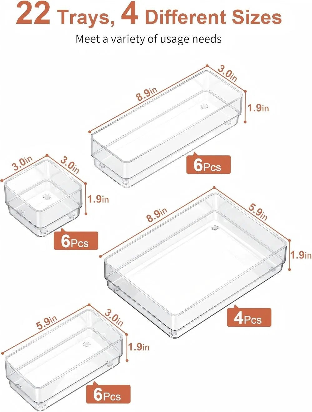 22-Piece Clear Drawer Organizer Tray Set - angle view