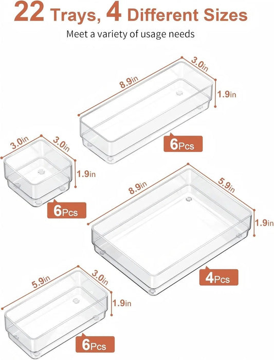 22-Piece Clear Drawer Organizer Tray Set - angle view