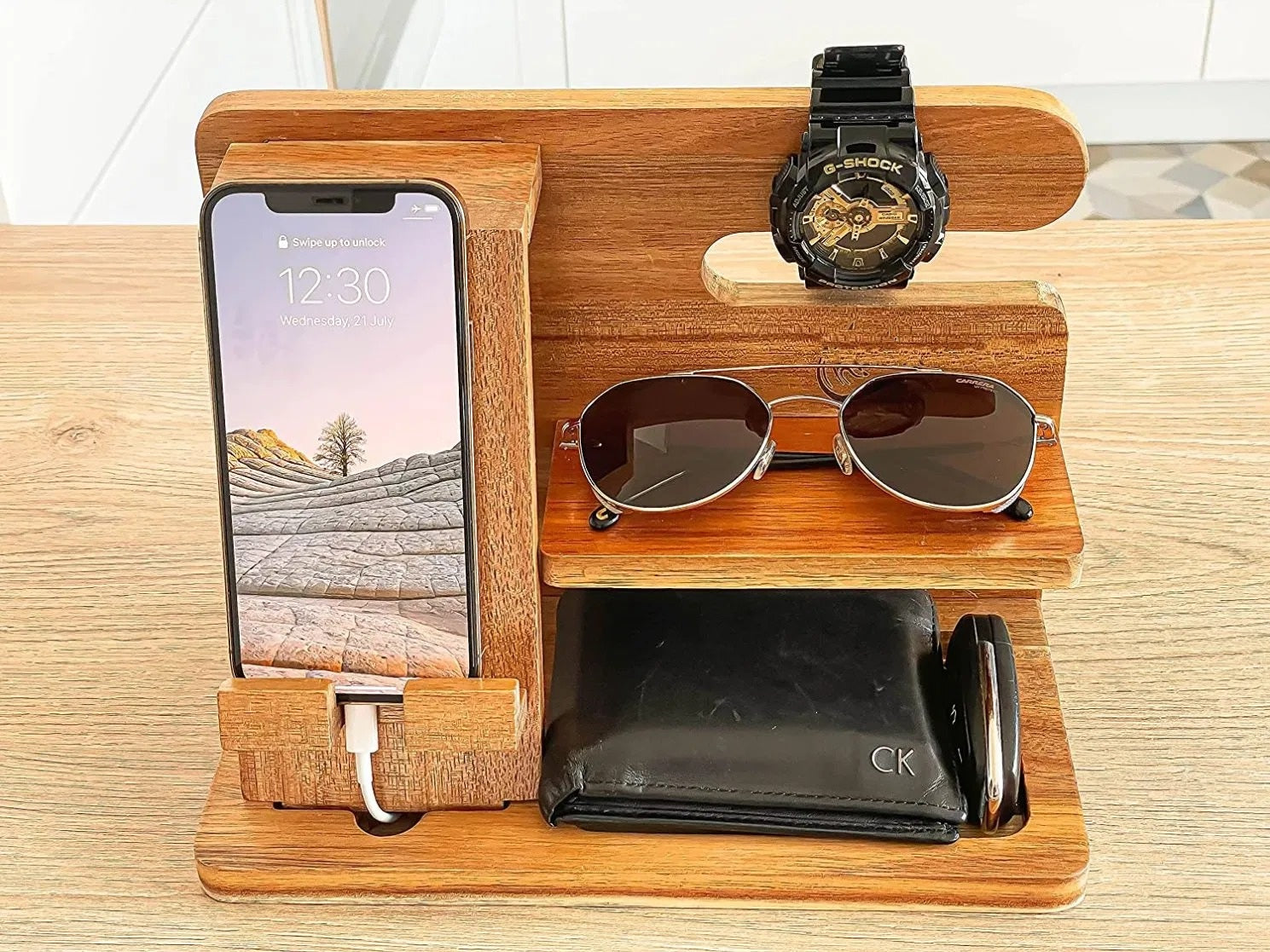 Wood Desktop Docking Station Organizer - angle view