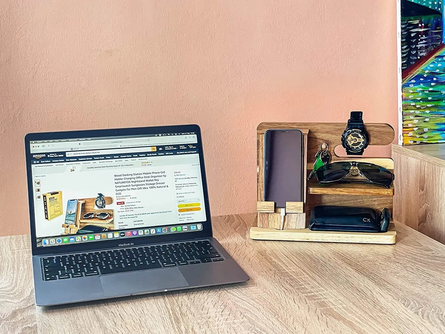 Wood Desktop Docking Station Organizer - detail view