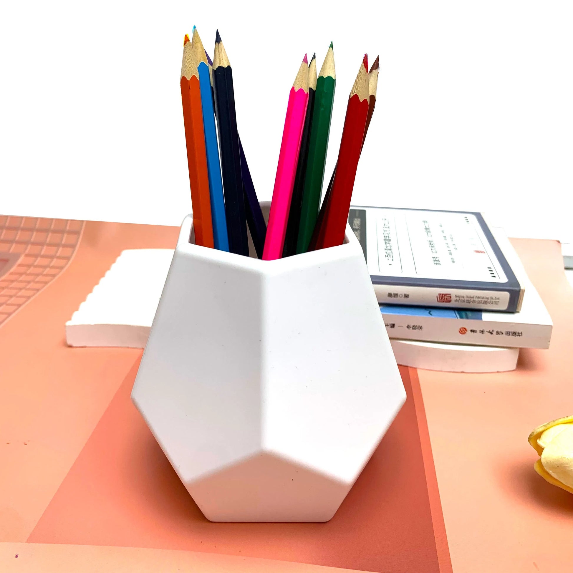 Geometric White Desktop Pen Holder - lifestyle view