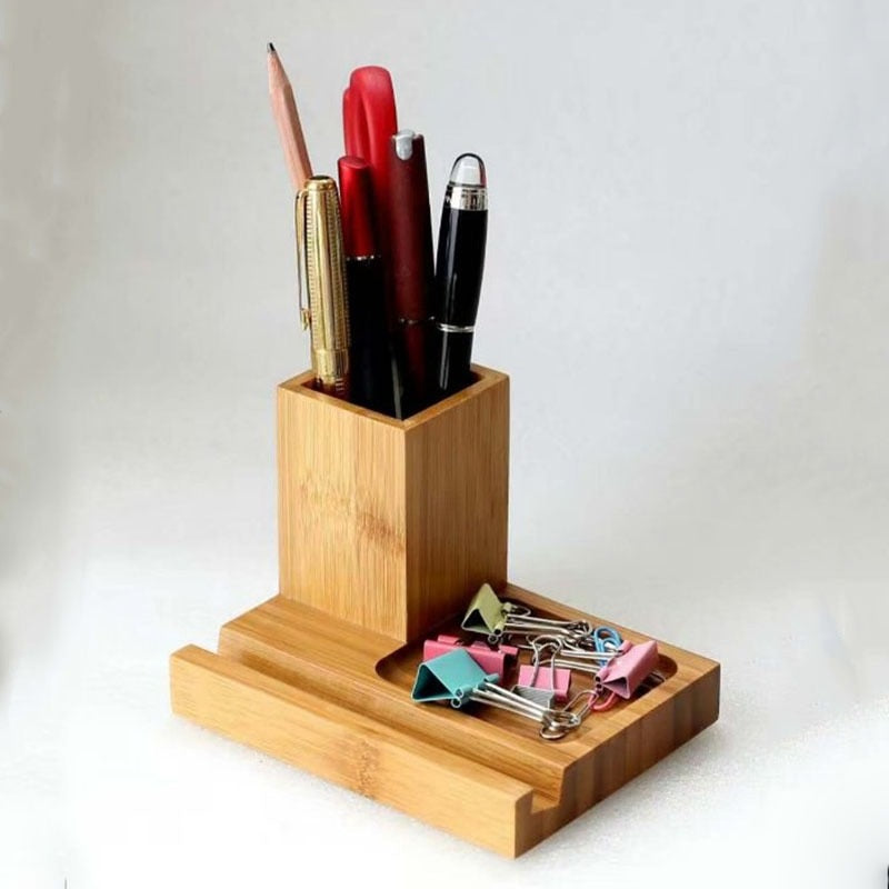 Bamboo Pen Holder with Accessory Tray - angle view