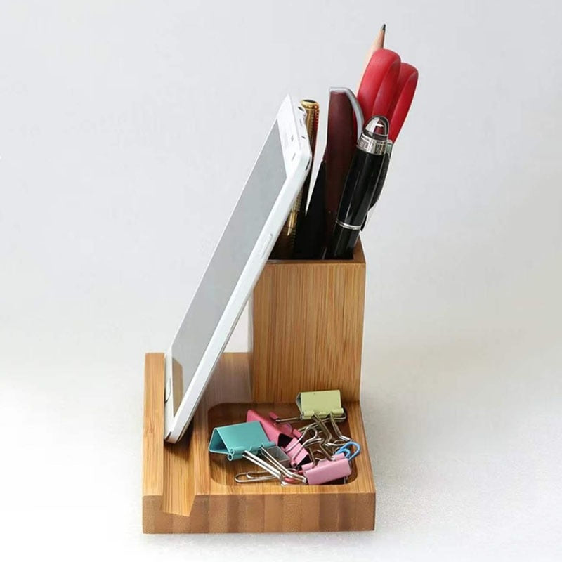 Bamboo Pen Holder with Accessory Tray - detail view