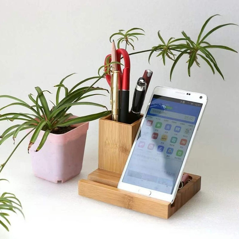 Bamboo Pen Holder with Accessory Tray - lifestyle view